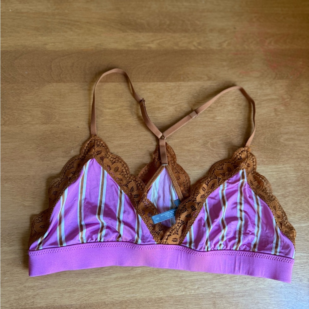 Aerie Pink and Brown Striped Bralette with Lace